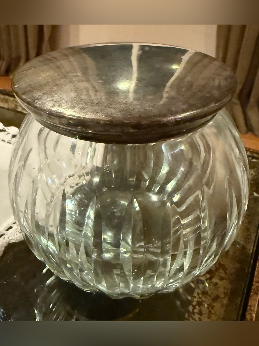 Antique Lead Crystal Vanity Dresser Jar Silver Plate & Brass Lid Fluted Ribbed